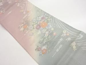 絽変わり流水に扇・草花模様織出し袋帯